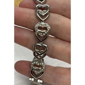 Silver tone Double heart chain bracelet, Crystals, Removable Extender link, Love